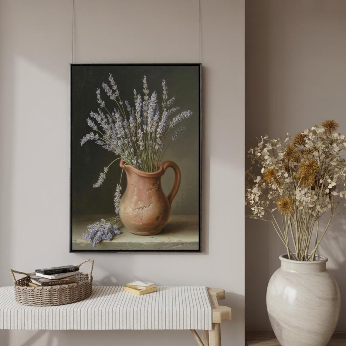 Rustic Lavender Sprigs In Terracotta Pitcher Dark Still Life Print - Image 3