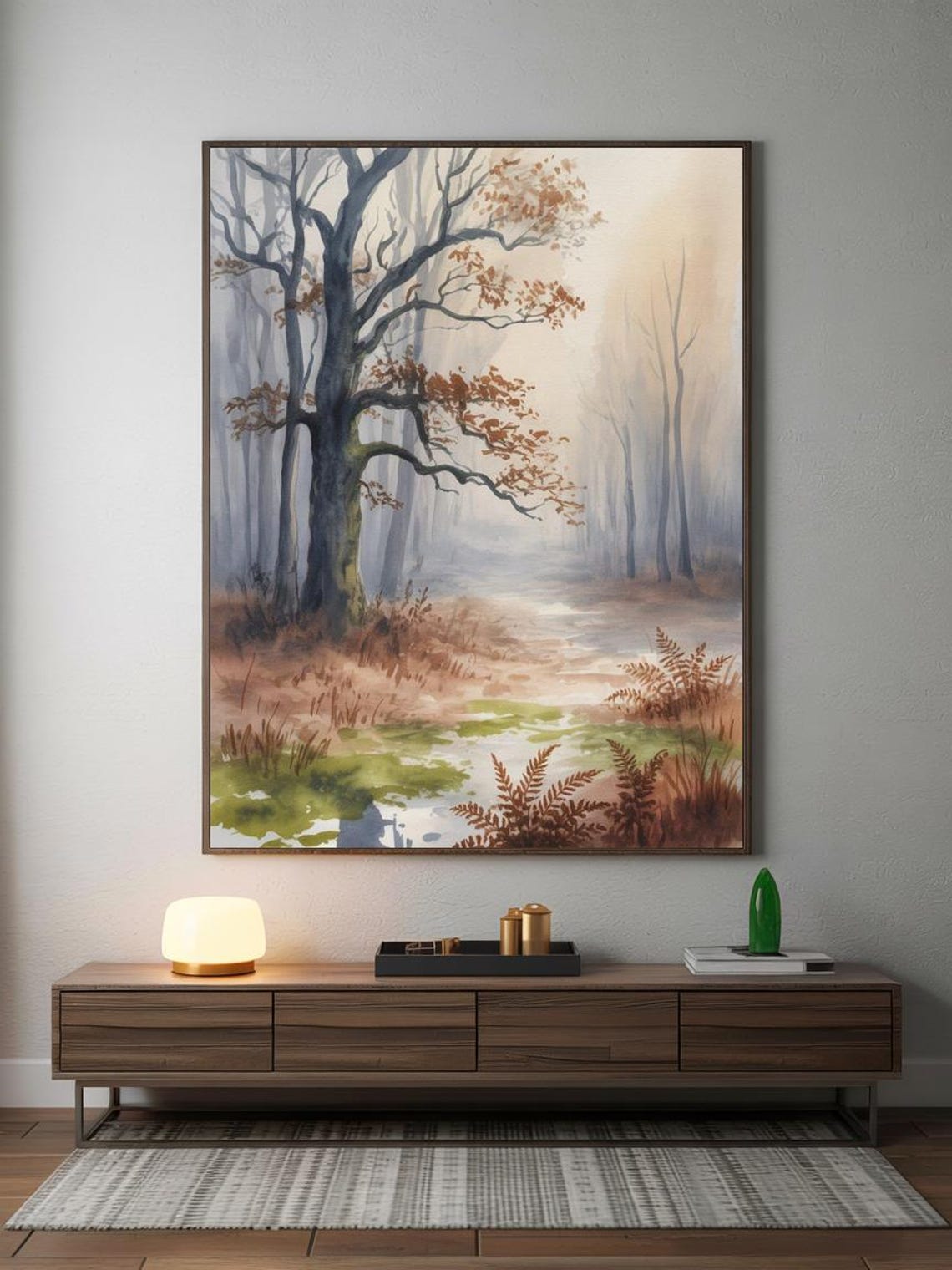 Enchanted Misty Autumn Forest Watercolor Tree Path Art Poster - Image 3