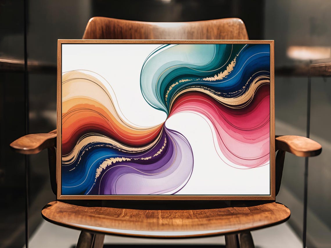 Flowing Alcohol Ink Ribbons In Teal Blue Pink Orange Wall Art - Image 3