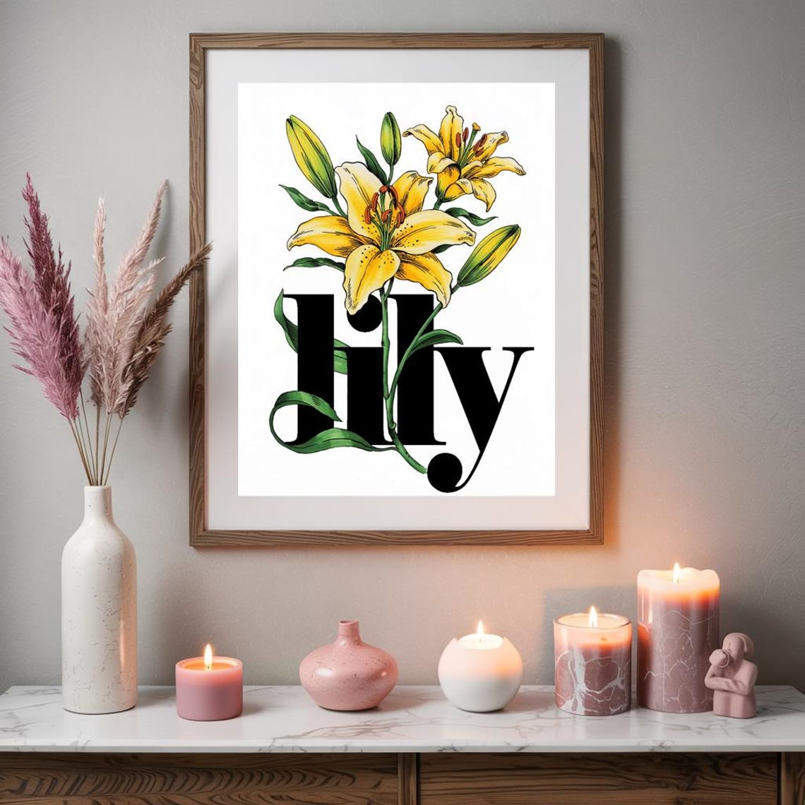Yellow Lily Botanical Art With Bold Black Lily Lettering Poster - Image 3