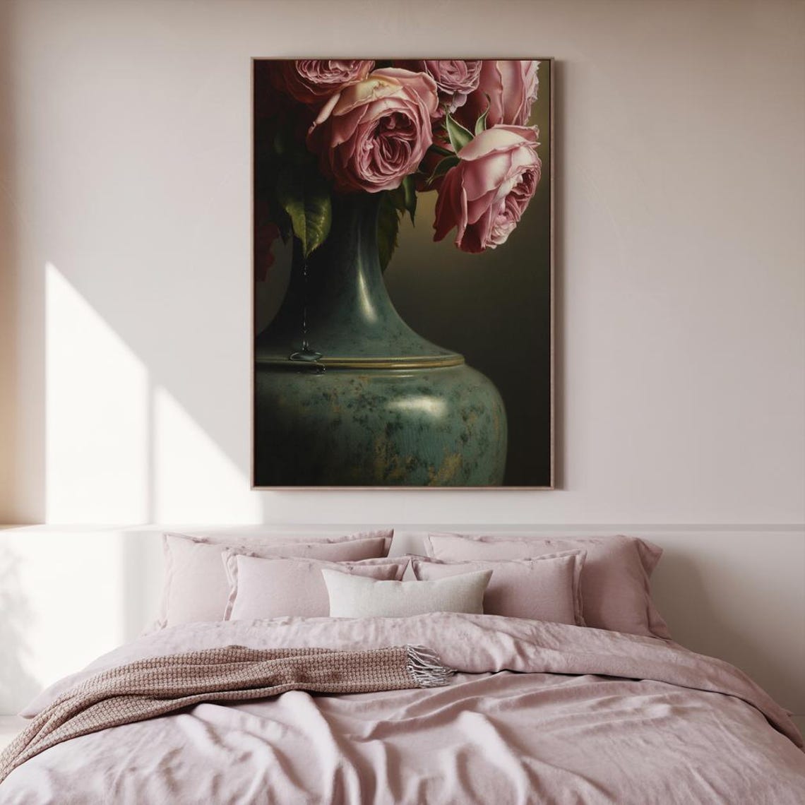 Velvety Roses In Antique Vase Moody Floral Still Life Print - Image 2