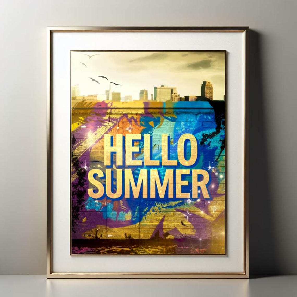 Hello Summer Graffiti Street Art Colorful Brick Wall City Poster