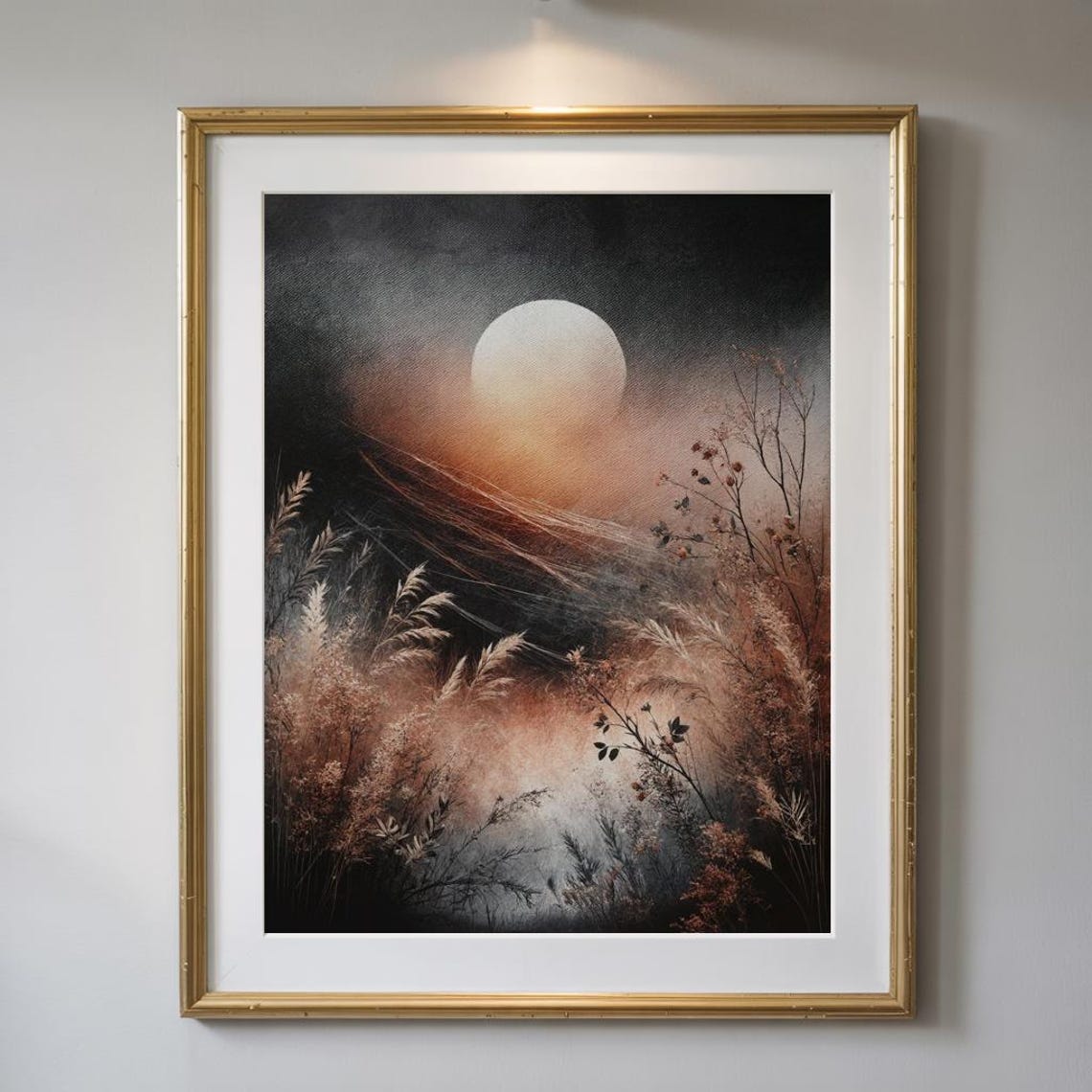 Full Moon Misty Marsh Night Grasses Moody Landscape Art Poster - Image 3