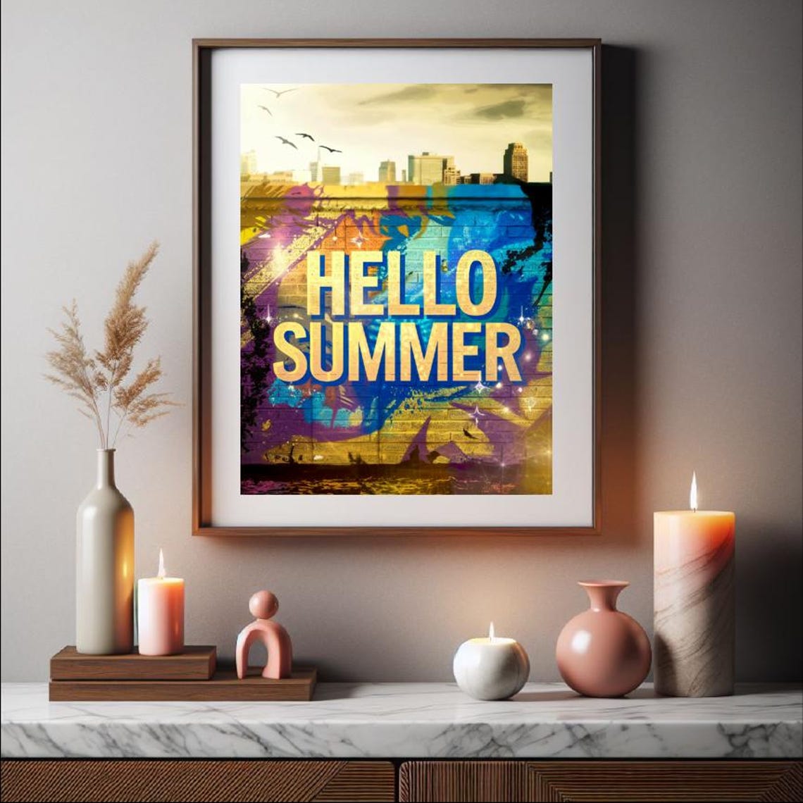 Hello Summer Graffiti Street Art Colorful Brick Wall City Poster - Image 2