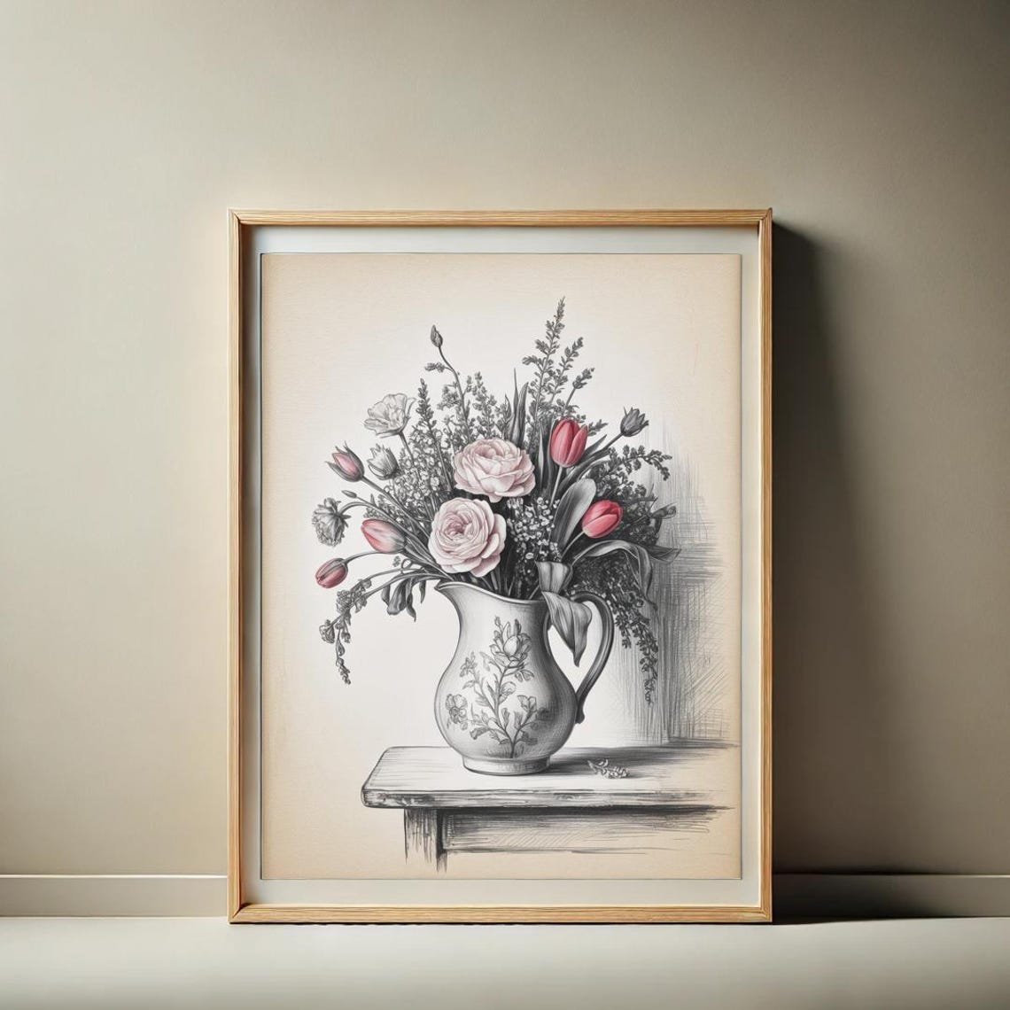 Vintage Flower Pitcher Black White With Red Accents Floral Print