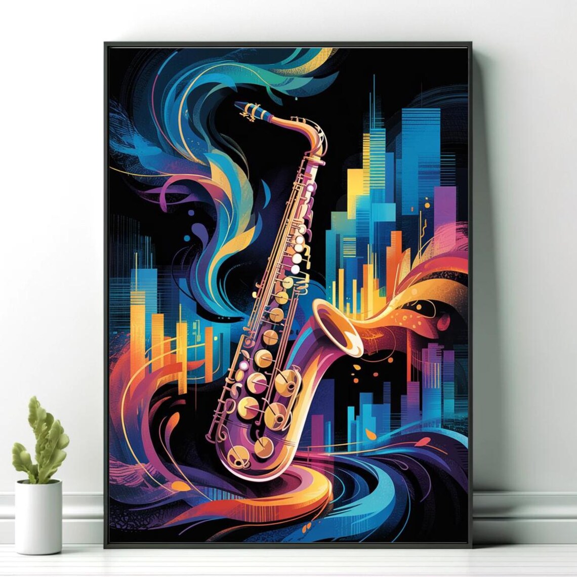 Colorful Saxophone Over Night City Skyline in Vivid Hues Poster