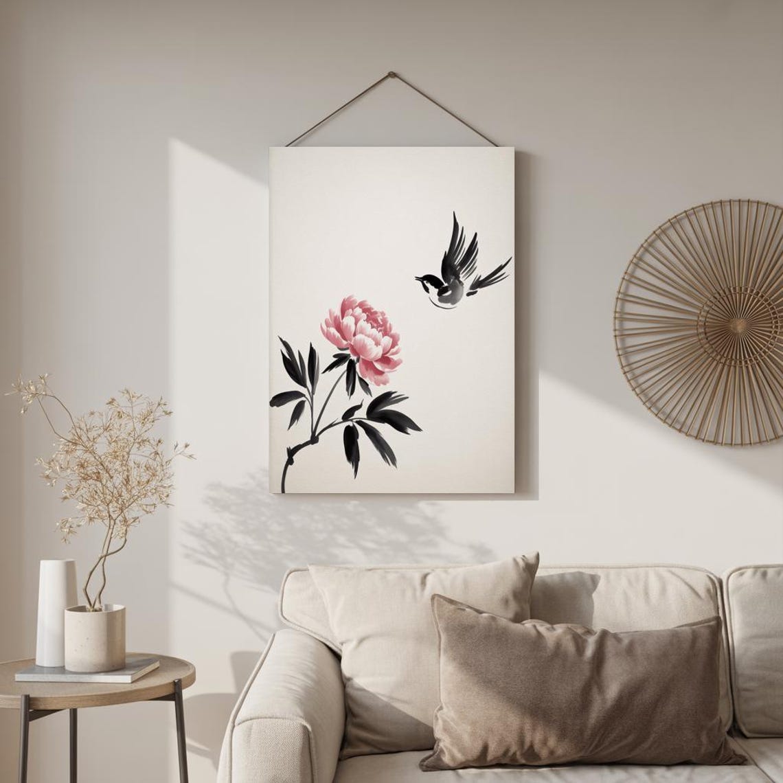 Flying Bird And Blossom Minimal Japanese Ink Style Art Poster