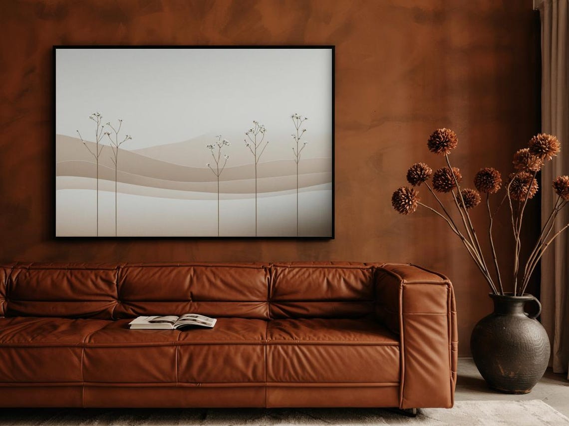 Tall Thin Wildflower Stems Layered Beige Waves Minimal Art Poster