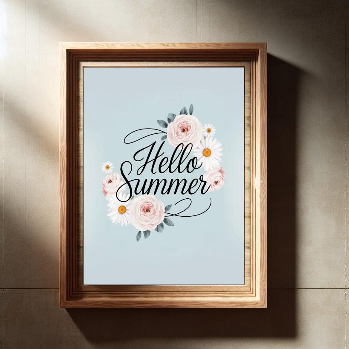Hello Summer Pastel Script Pink Roses Daisies Soft Floral Art Poster - Image 3