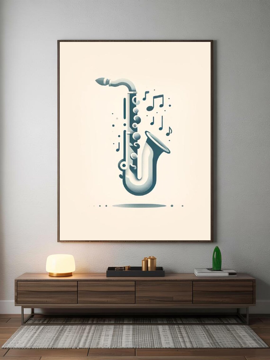 Retro Saxophone Blue Musical Notes Vintage Style Jazz Music Decor Print - Image 2