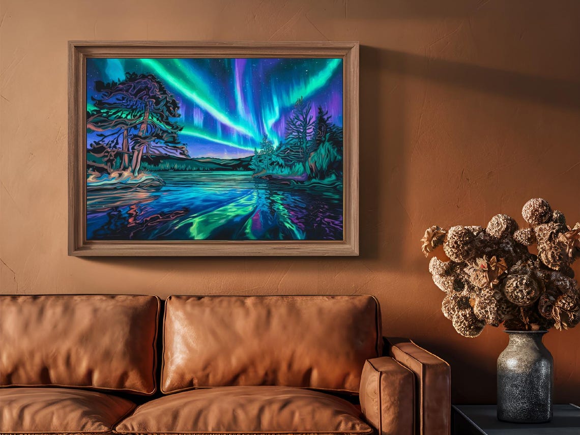Aurora Borealis Northern Lights Over Lake Landscape Nature Poster - Image 2