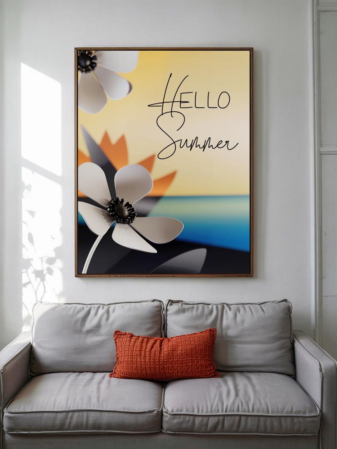 Hello Summer Abstract Sunset Beach White Cosmos Flower Modern Wall Art - Image 3