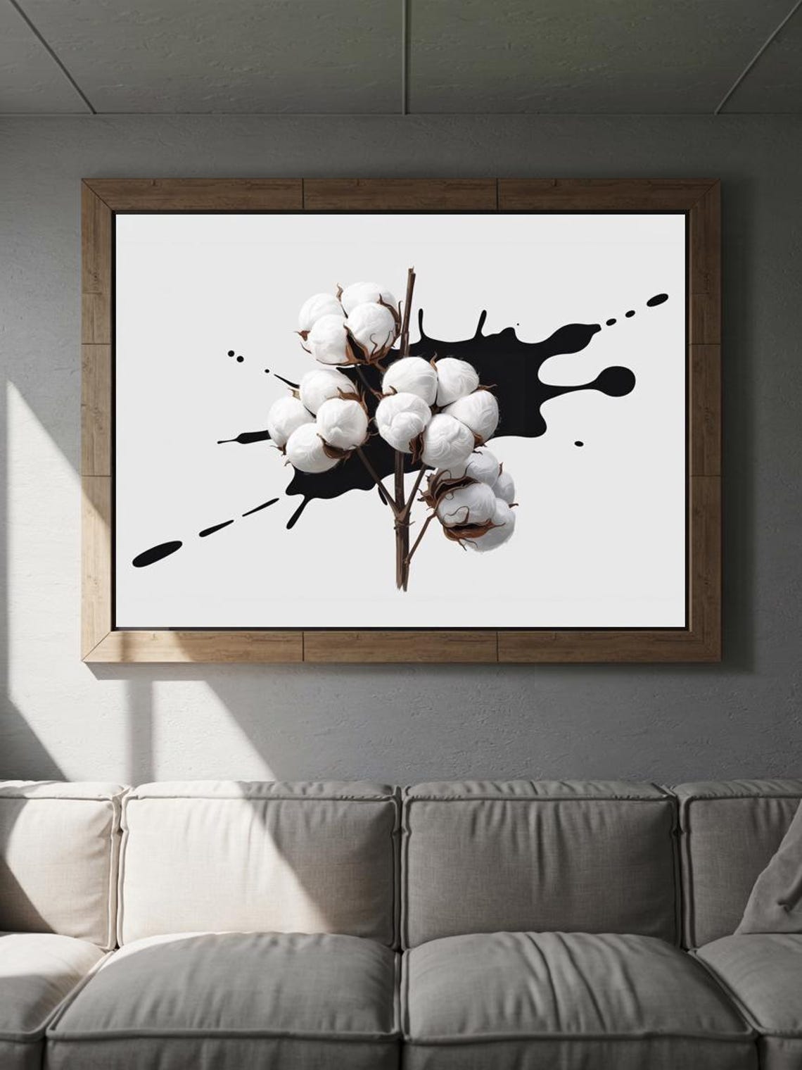 Bleached White Cotton Bolls On Black Ink Splash Minimal Poster