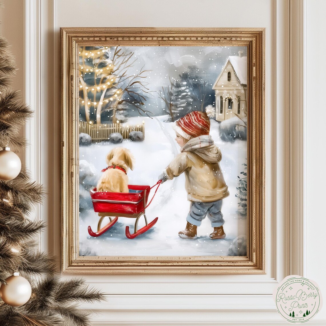 Child Pulling Dog In Red Sleigh Through Snow Sweet Winter Scene Print
