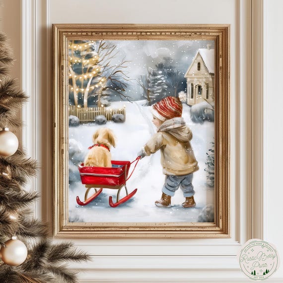 Cute Dog In Sleigh Winter Art Print Wall Art Holiday Poster Vintage Print Christmas Decor