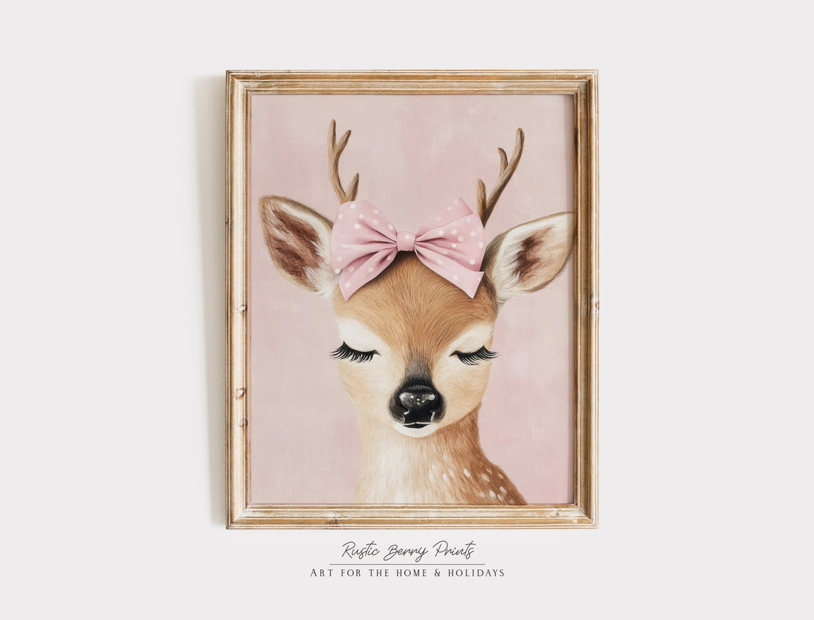 Pink Bow Reindeer Art Print Vintage Cute Reindeer Winter Wall Art Christmas Holiday Decor