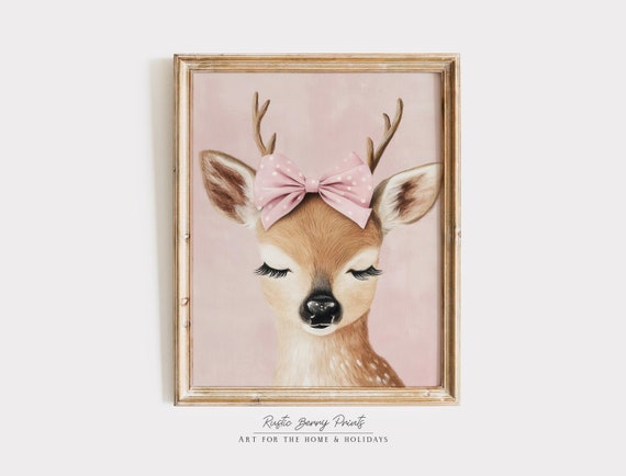 Pink Bow Reindeer Art Print Vintage Cute Reindeer Winter Wall Art Christmas Holiday Decor