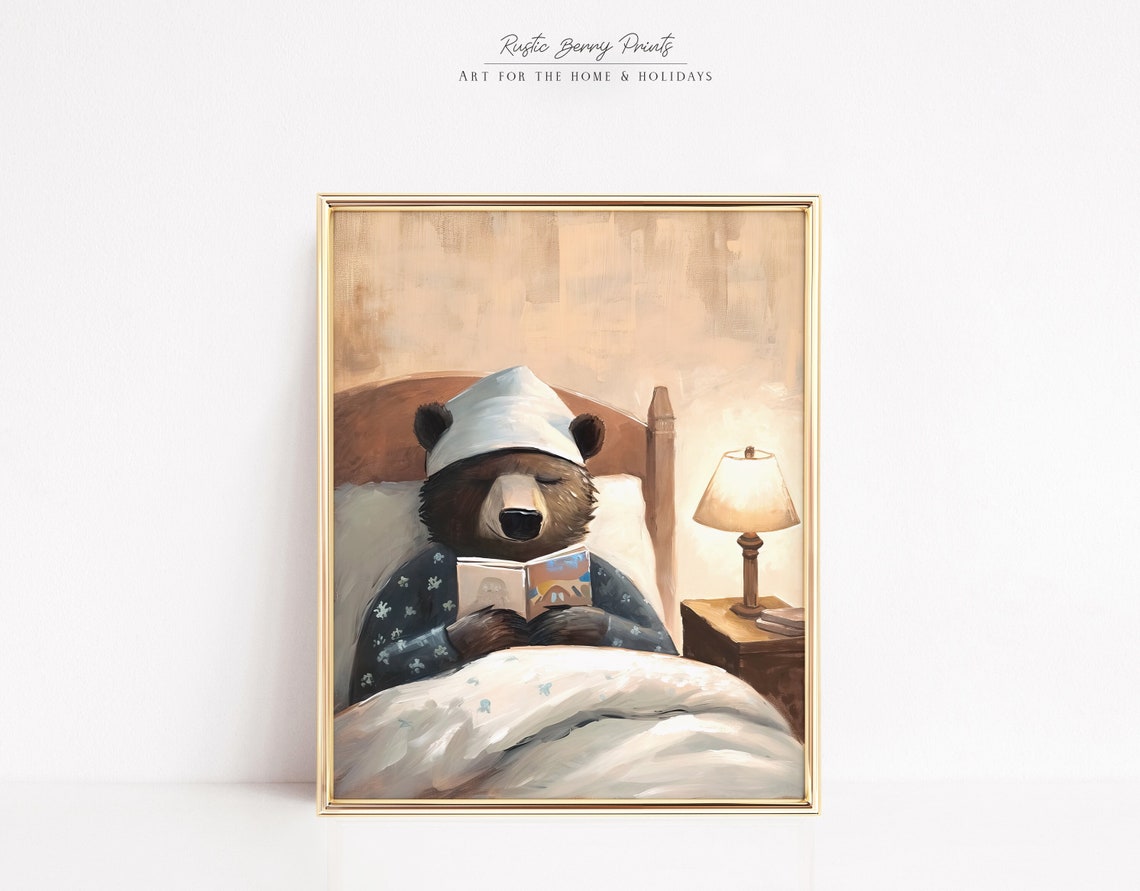 Bear Reading Book In Bed Nightcap Pajamas Cute Nursery Wall Art