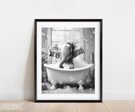 Baby Elephant Bubble Bath Black And White Clawfoot Tub Cute Nursery Bathroom Poster