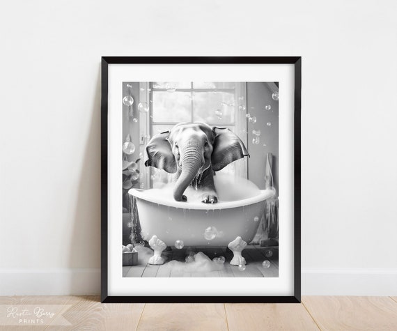Little Elephant Bubble Bath Black And White Wall Art Clawfoot Tub Bathroom Decor Cute Instant