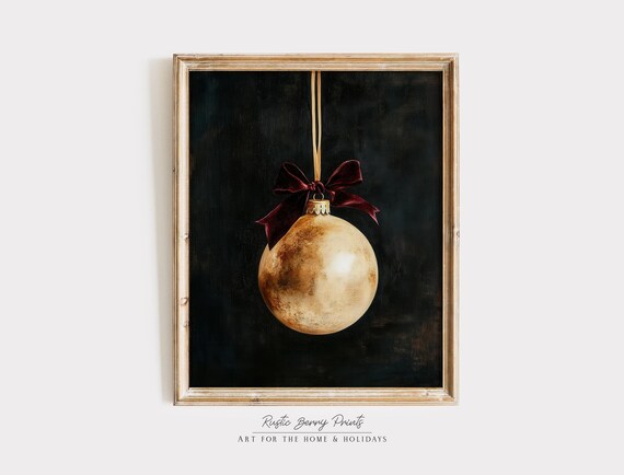 Vintage Christmas Ornament Art Print Burgundy Bow Golden Ball Ornament Moody Christmas Holiday Decor