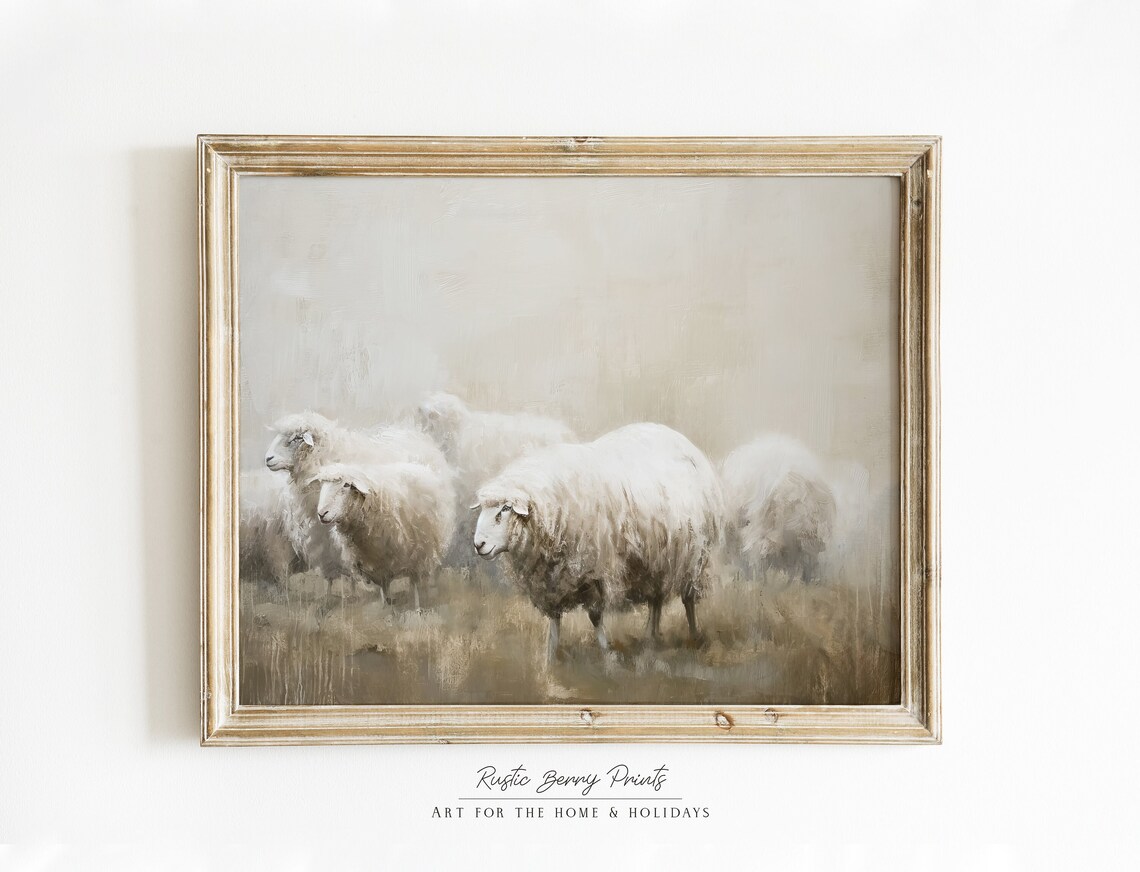 White Sheep Flock Foggy Field Soft Warm Gray Animal Art Poster
