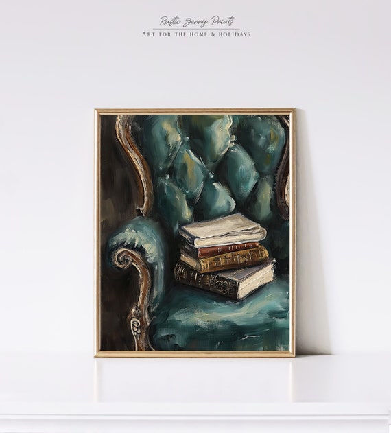Moody Vintage Books Oil Painting Wall Art Vintage Antique Print Cottagecore Academia Instant