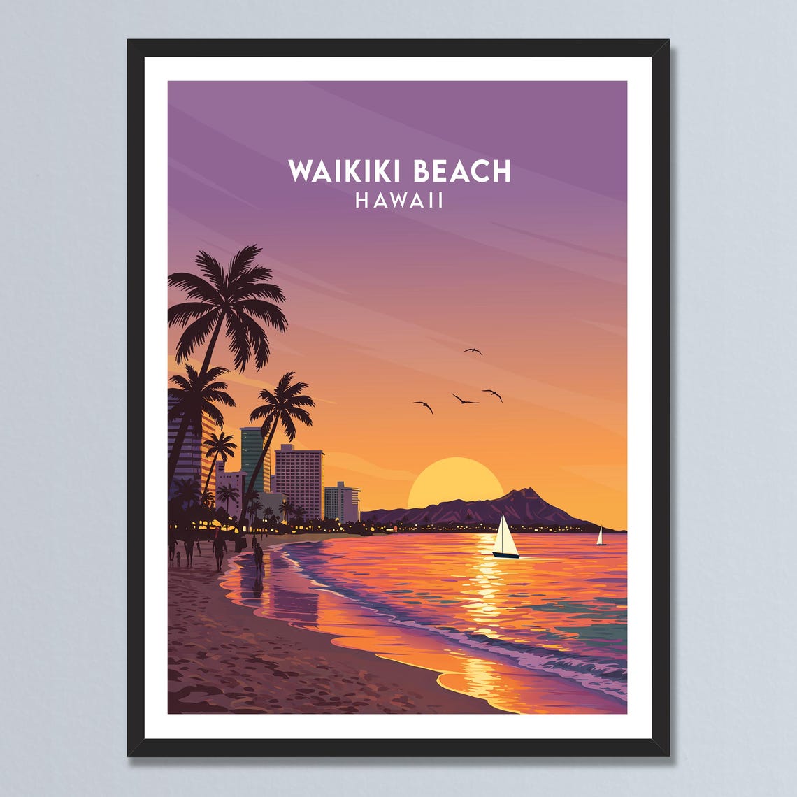Waikiki Beach Hawaii Sunset Palm Trees Diamond Head Ocean Poster