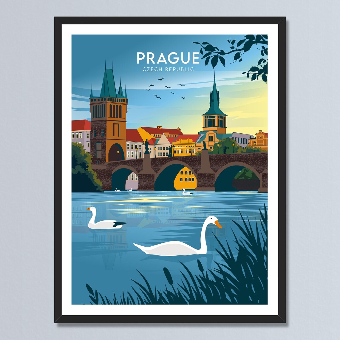 Prague Charles Bridge Swans Sunset Czech Republic Retro Travel Poster