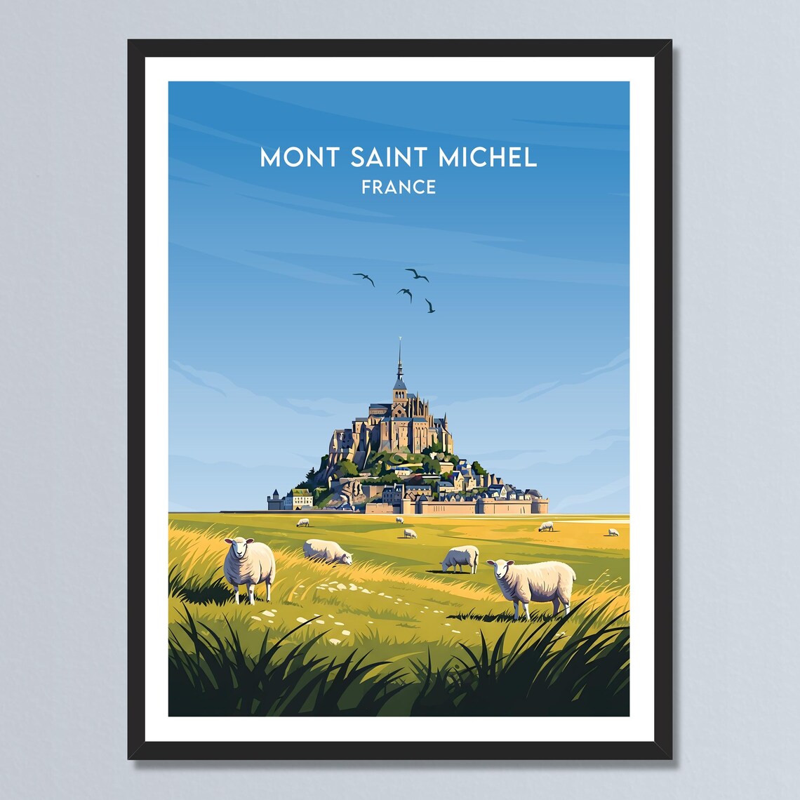 Mont Saint Michel France Island Abbey Sheep Meadow Travel Poster