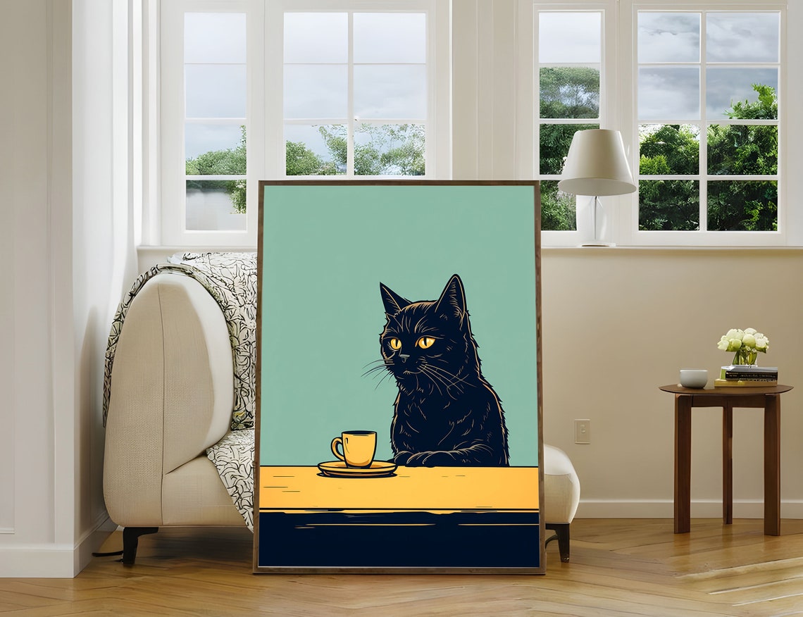 Whimsical Black Cat With Coffee Cup Mint Green Illustration Poster - Image 2
