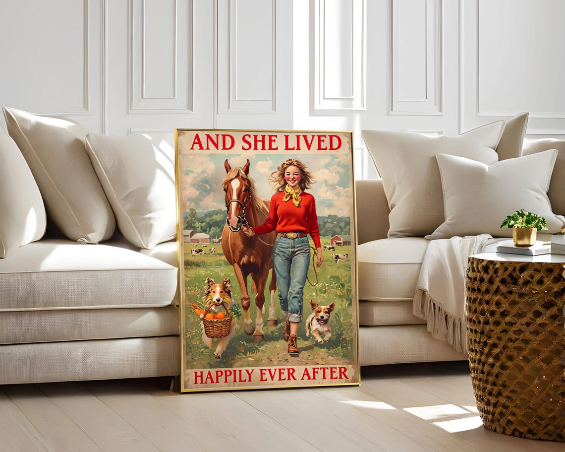 And She Lived Happily Ever After Retro Farm Life Poster Retro Poster Farm Life Country Girl Horse Lover Vintage Art Dog Lover - Image 2