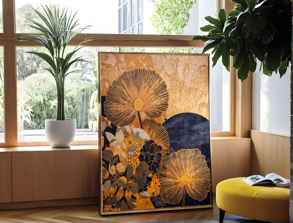 Golden Floral Fan Cosmic Botanical Navy Abstract Vintage Art Poster - Image 3