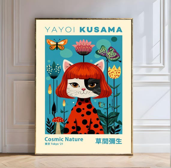 Yayoi Kusama Poster Cosmic Nature Cat In Bold Polka Dot Dress Kusama Cat Art Polka Dots Cosmic Nature Yayoi Style Modern Print