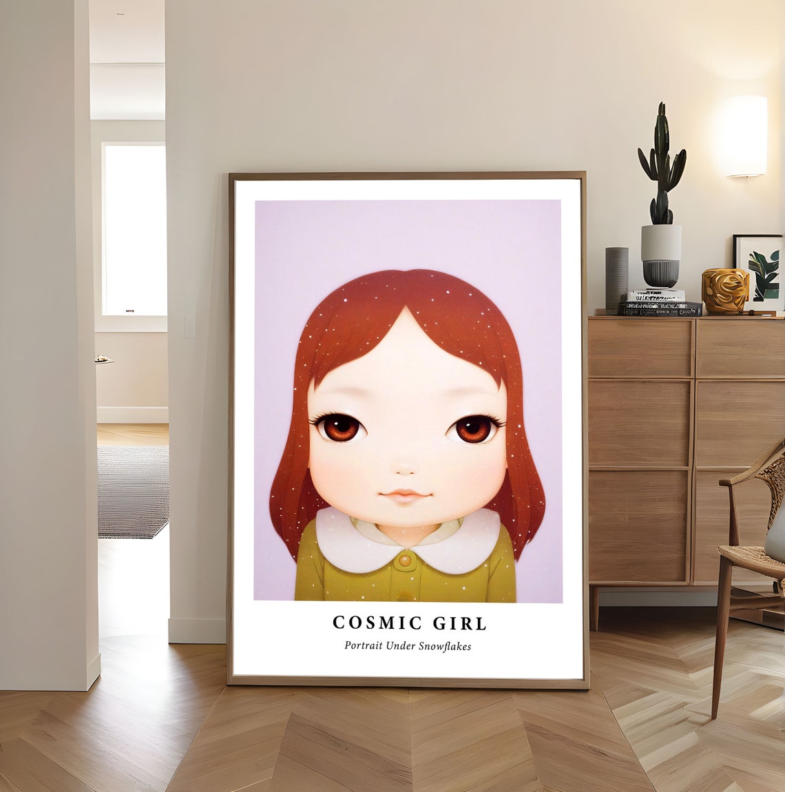 Cosmic Girl Portrait Under Snowflakes Starry Pink Sky Poster - Image 2