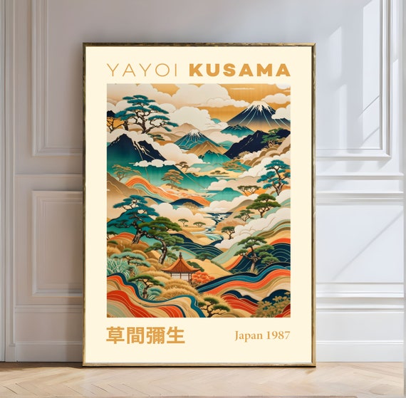 Yayoi Kusama Poster Serene Japanese Mountain Landscape With Vibrant Waves Kusama Mountains Japan Landscape Waves Serene Bold Vibrant