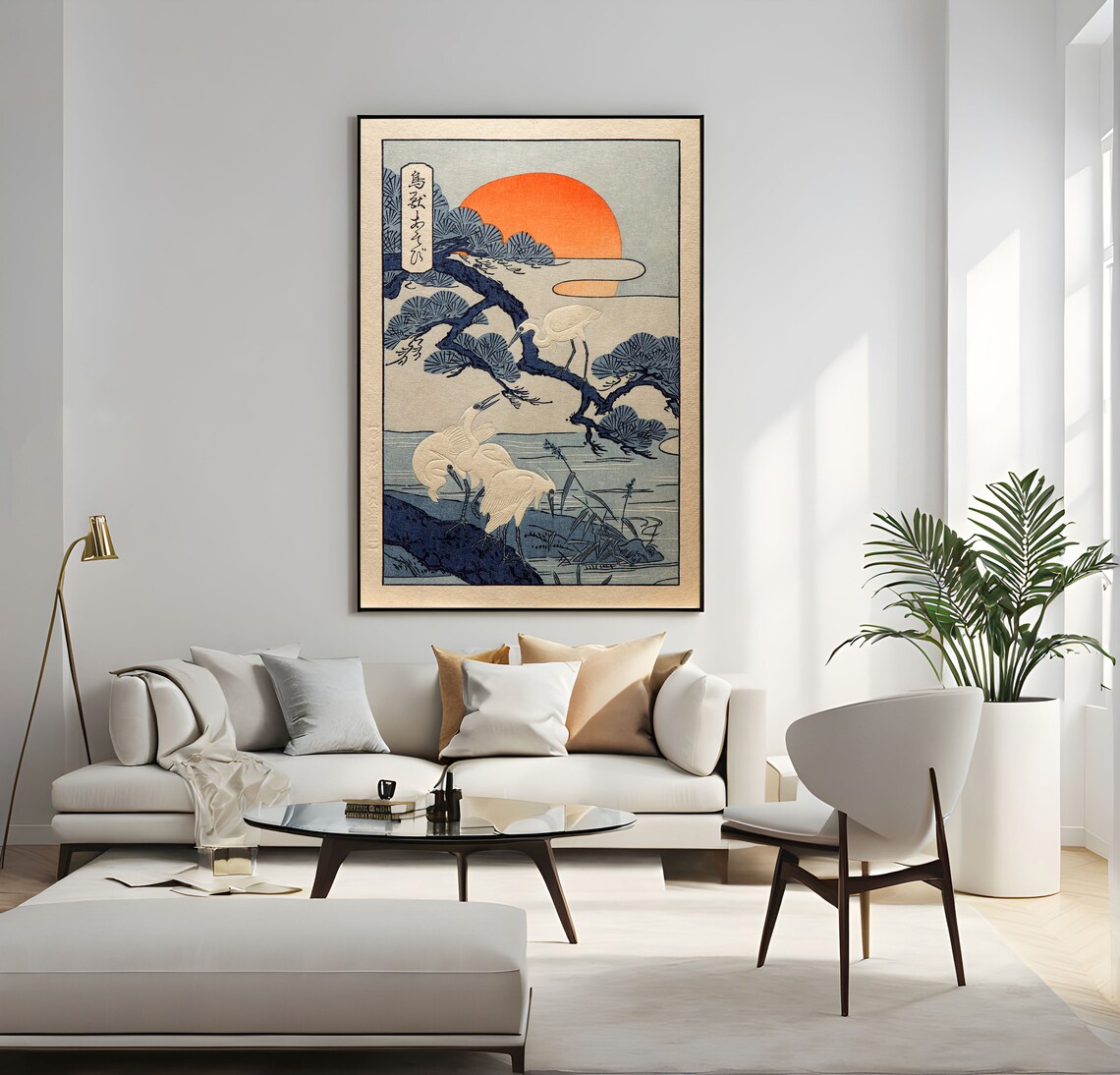 Cranes at Sunrise Vintage Japanese Art Pine Red Sun Wall Art - Image 5