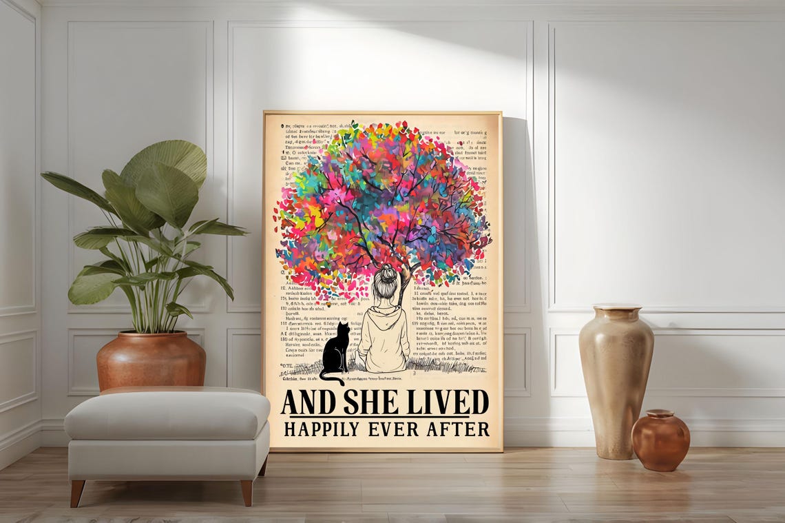And She Lived Happily Ever After Girl Cat Rainbow Tree Poster - Image 2