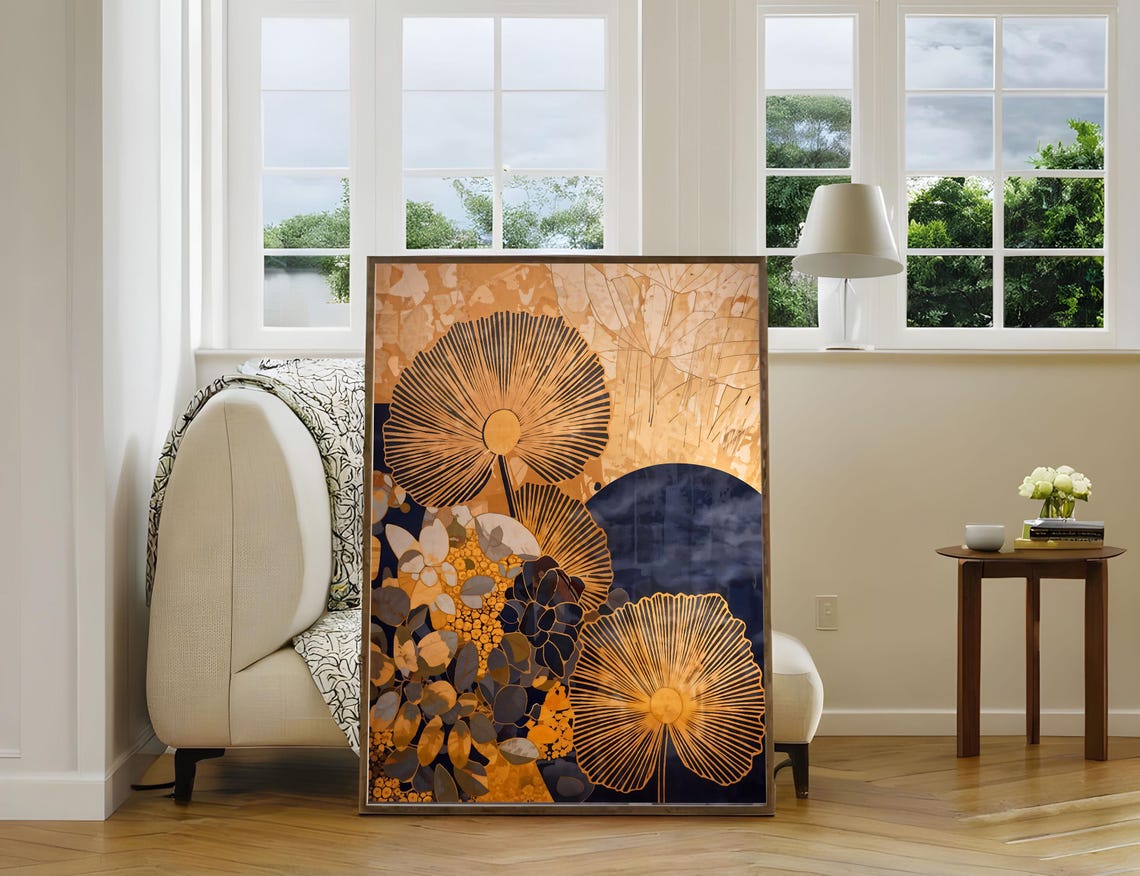 Golden Floral Fan Cosmic Botanical Navy Abstract Vintage Art Poster - Image 2