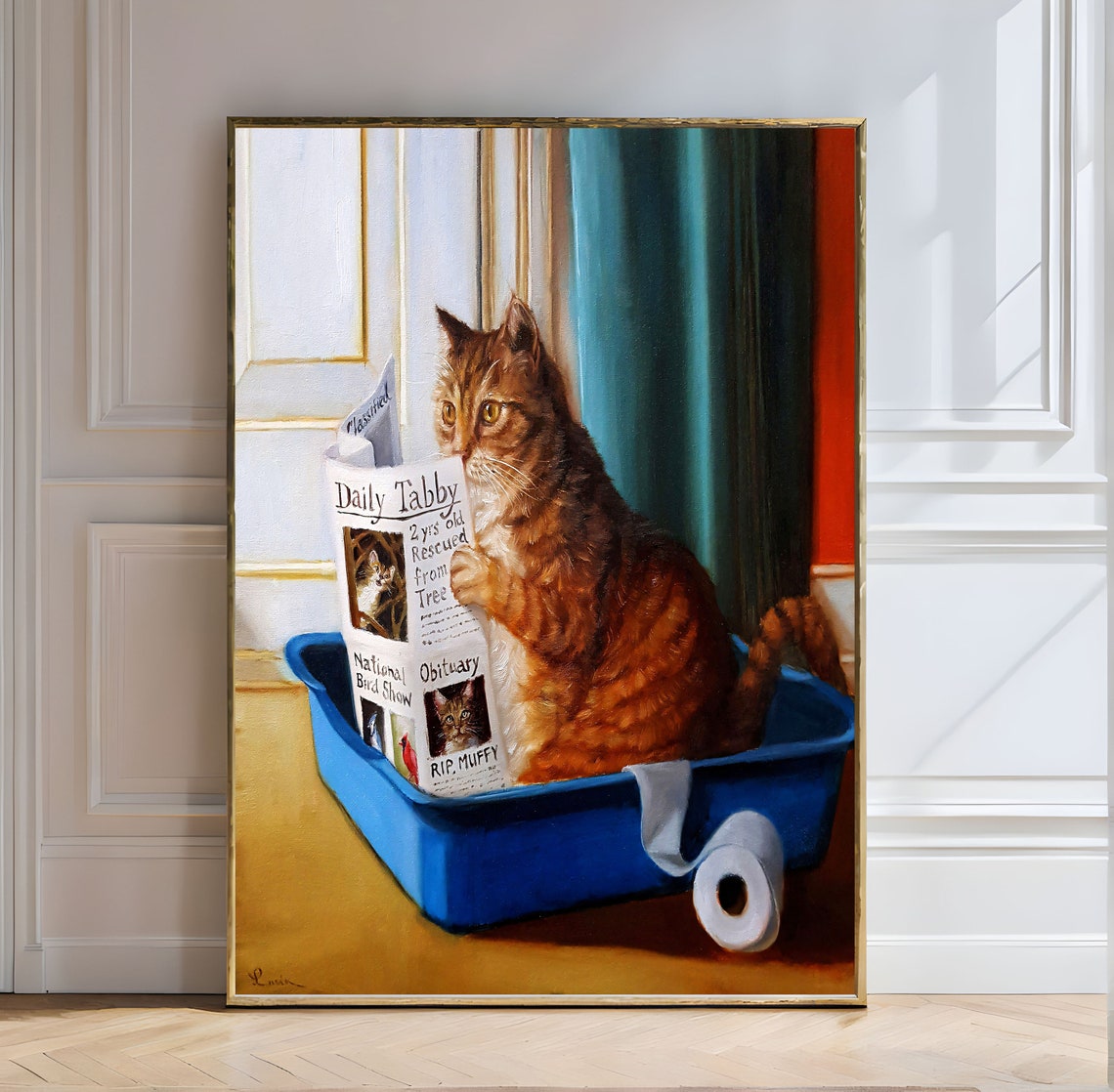 Daily Tabby Cat Reading Newspaper in Litter Box Funny Cat Art Poster - Image 4