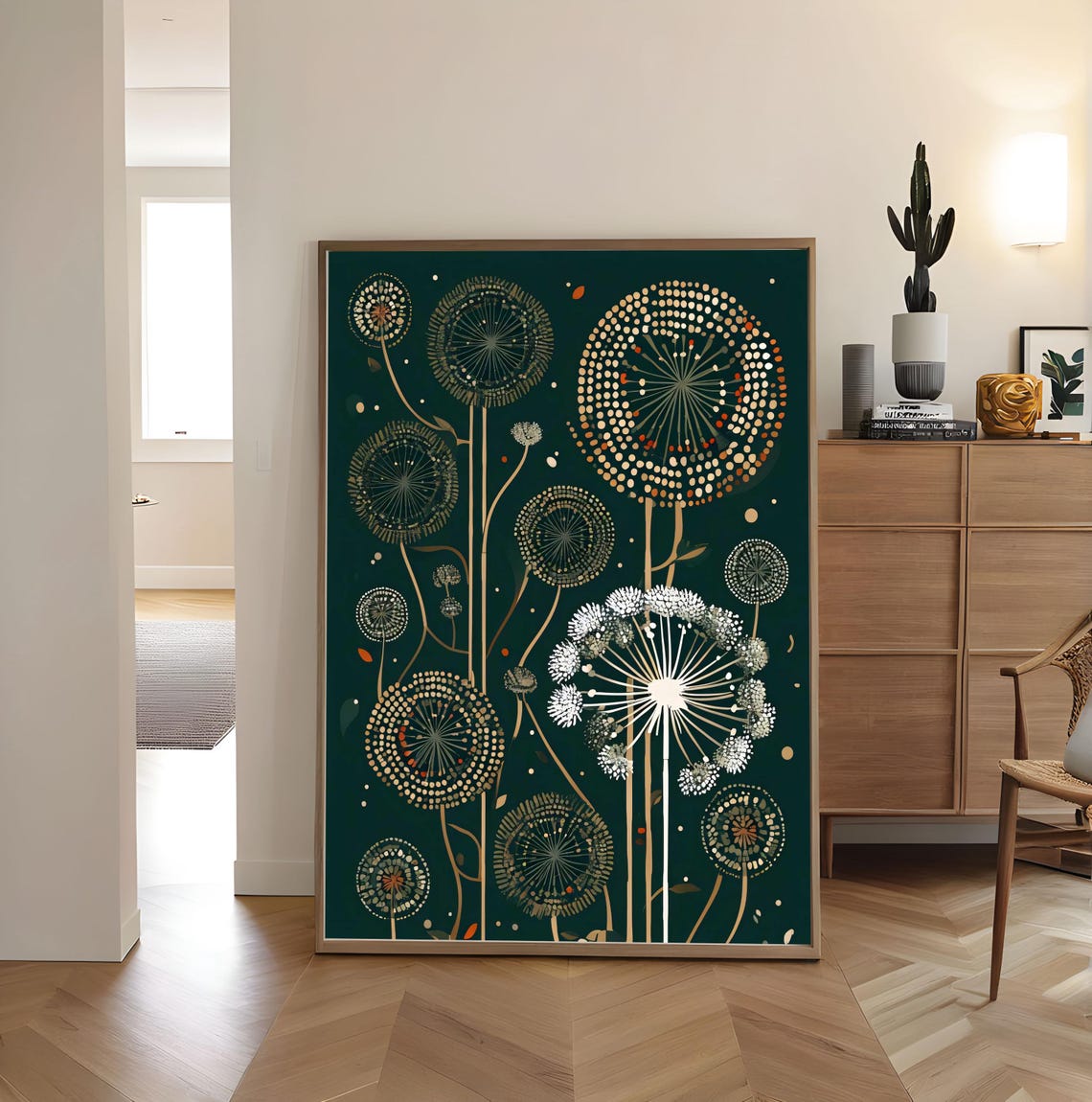 Cosmic Dandelion Fireworks Gold Dark Green Abstract Botanical Poster - Image 4