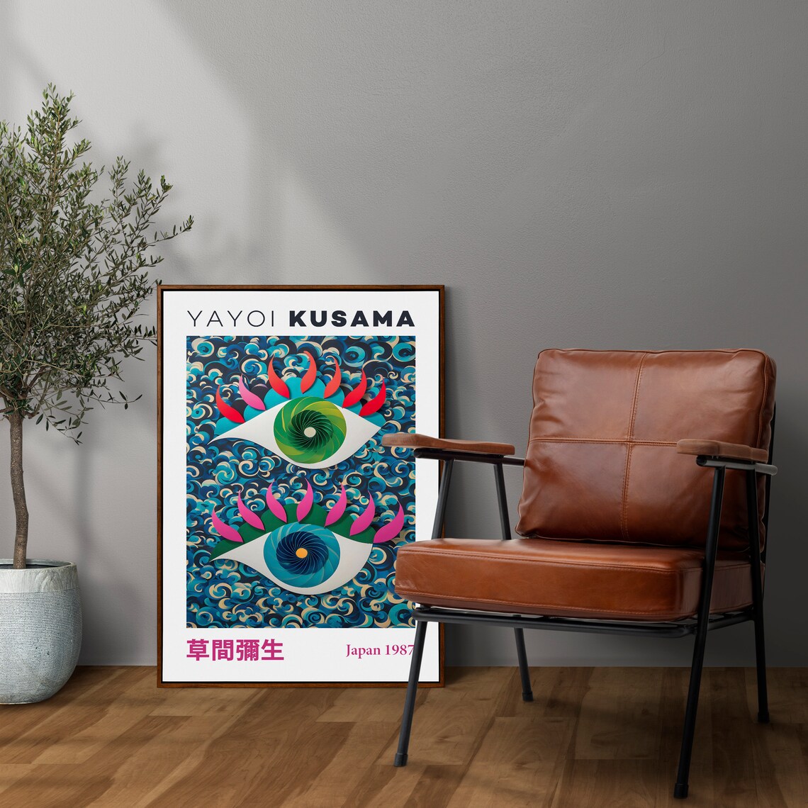 Yayoi Kusama Vibrant Eyes Swirling Blue Waves Japan 1987 Poster