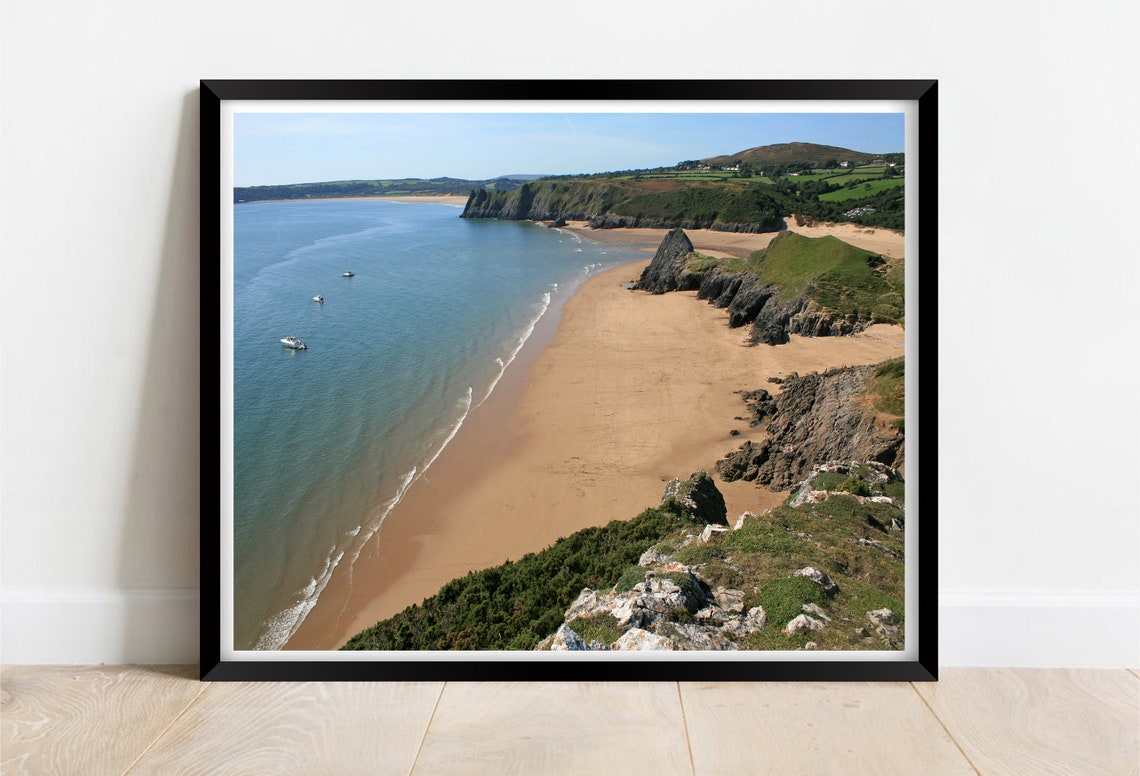 Oxwich Bay Beach Gower Wales Golden Cliffs Coastal Landscape Print