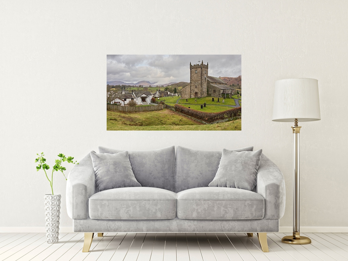 Hawkshead Village Cumbria Stone Church Over Lake District Fells Poster - Image 2