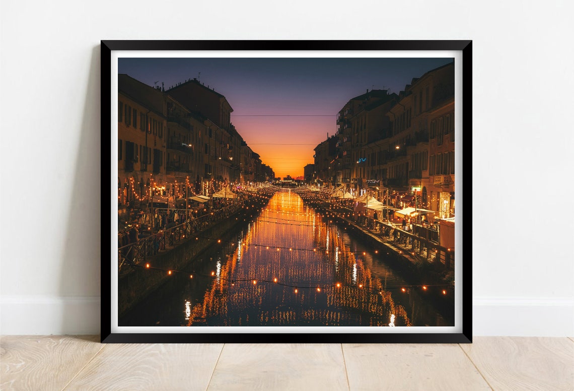 Milan Naviglio Grande Canal Night Lights Reflection Photo Poster