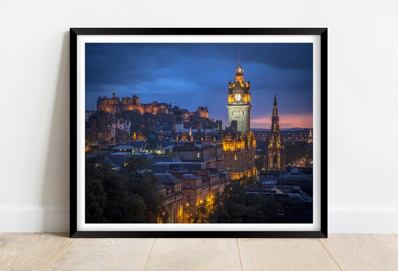 Edinburgh Scotland Dusk Castle Clock Tower City Skyline Poster