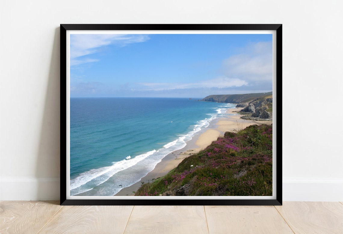 Porthtowan Beach Cornwall Turquoise Waves Golden Sand Cliffs Poster