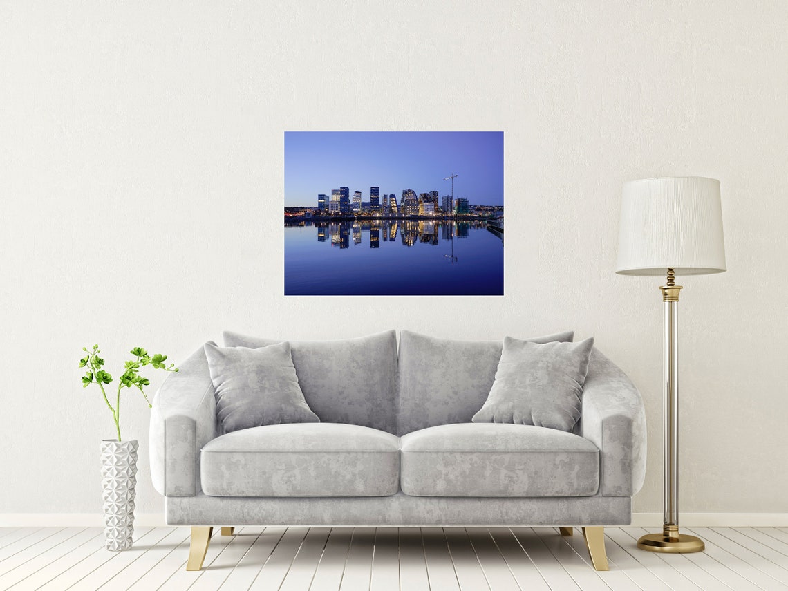 Oslo Norway Barcode Skyline Twilight Water Reflections Poster - Image 2