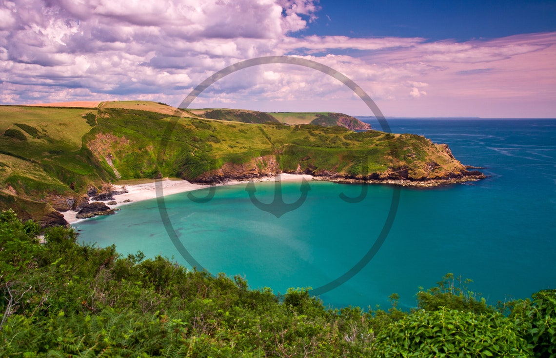 Lantic Bay Cornwall Turquoise Cove White Sand Pink Clouds Poster - Image 3