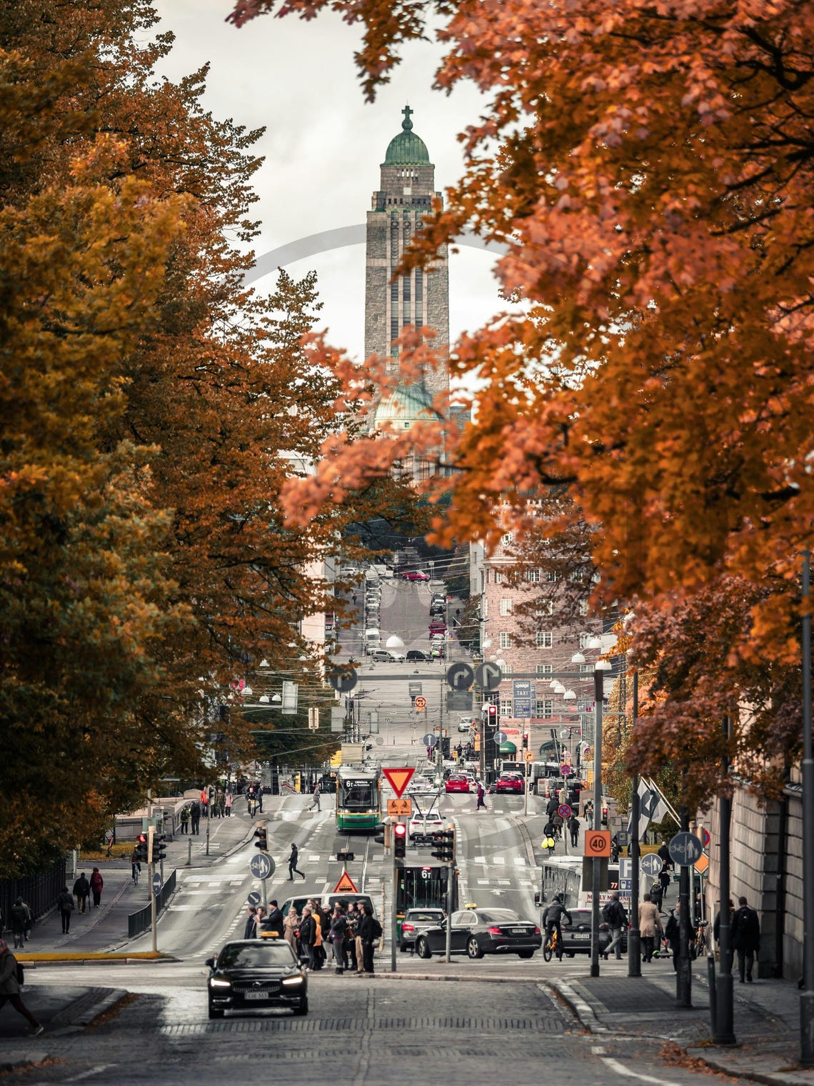 Autumn City Street Orange Trees Historic Tower Fall Colors Poster - Image 3